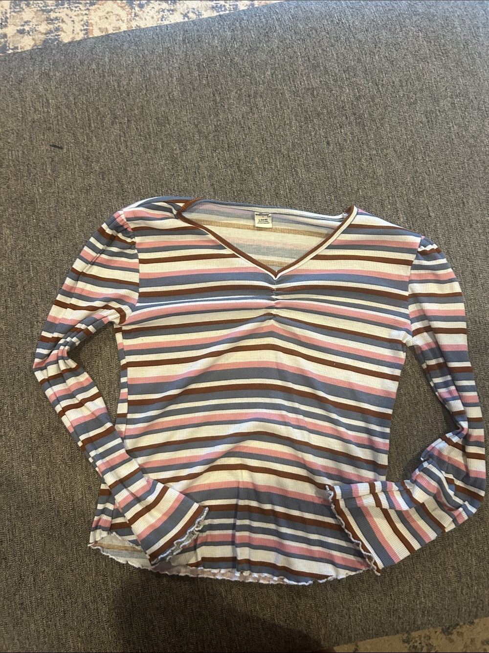 Wallflower Striped V-Neck Long Sleeve Top in Pink, Brown & Blue